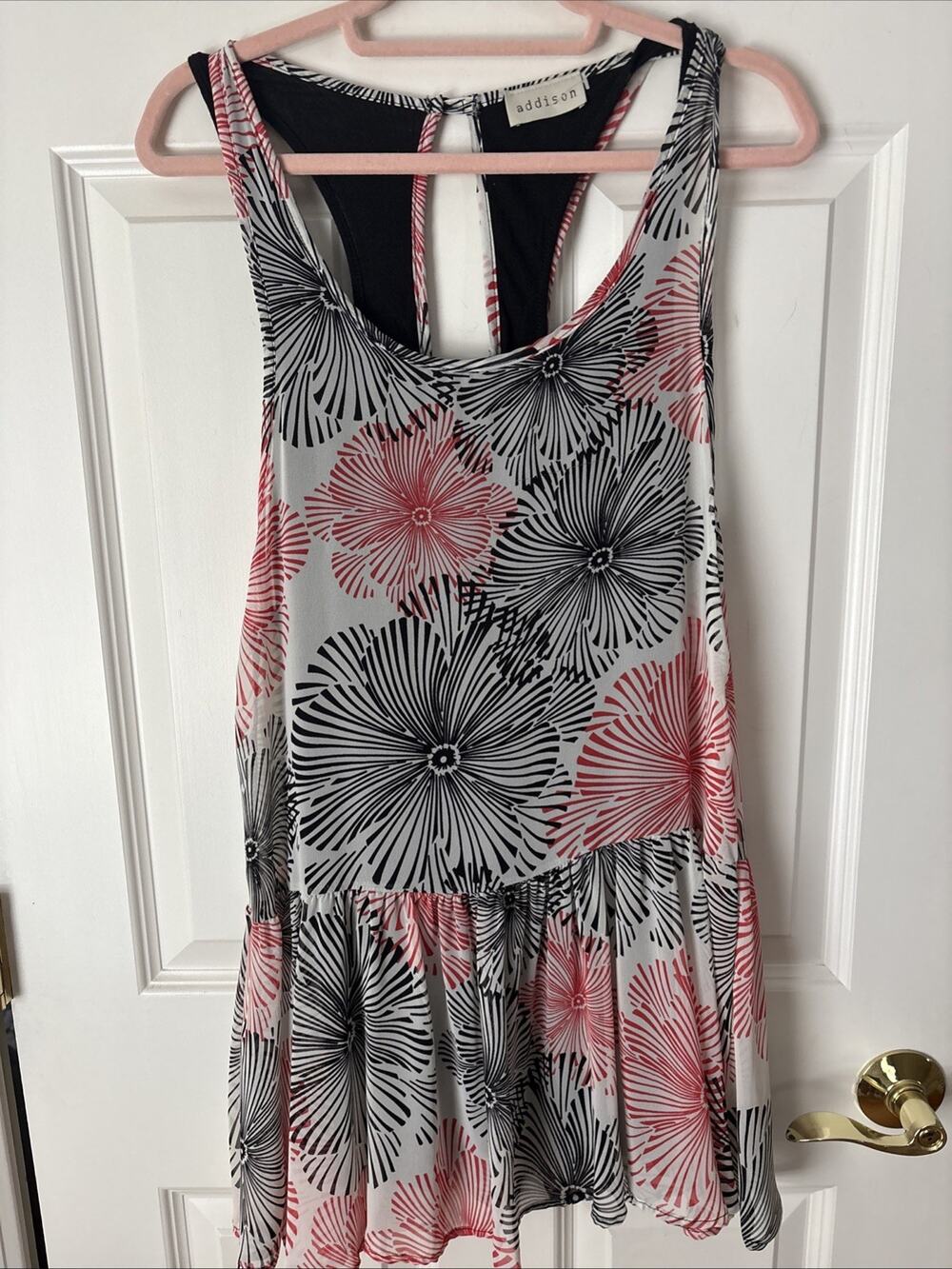 ADDISON Size S Womens black red Floral Sleeveless Dress lined flounce bottom New